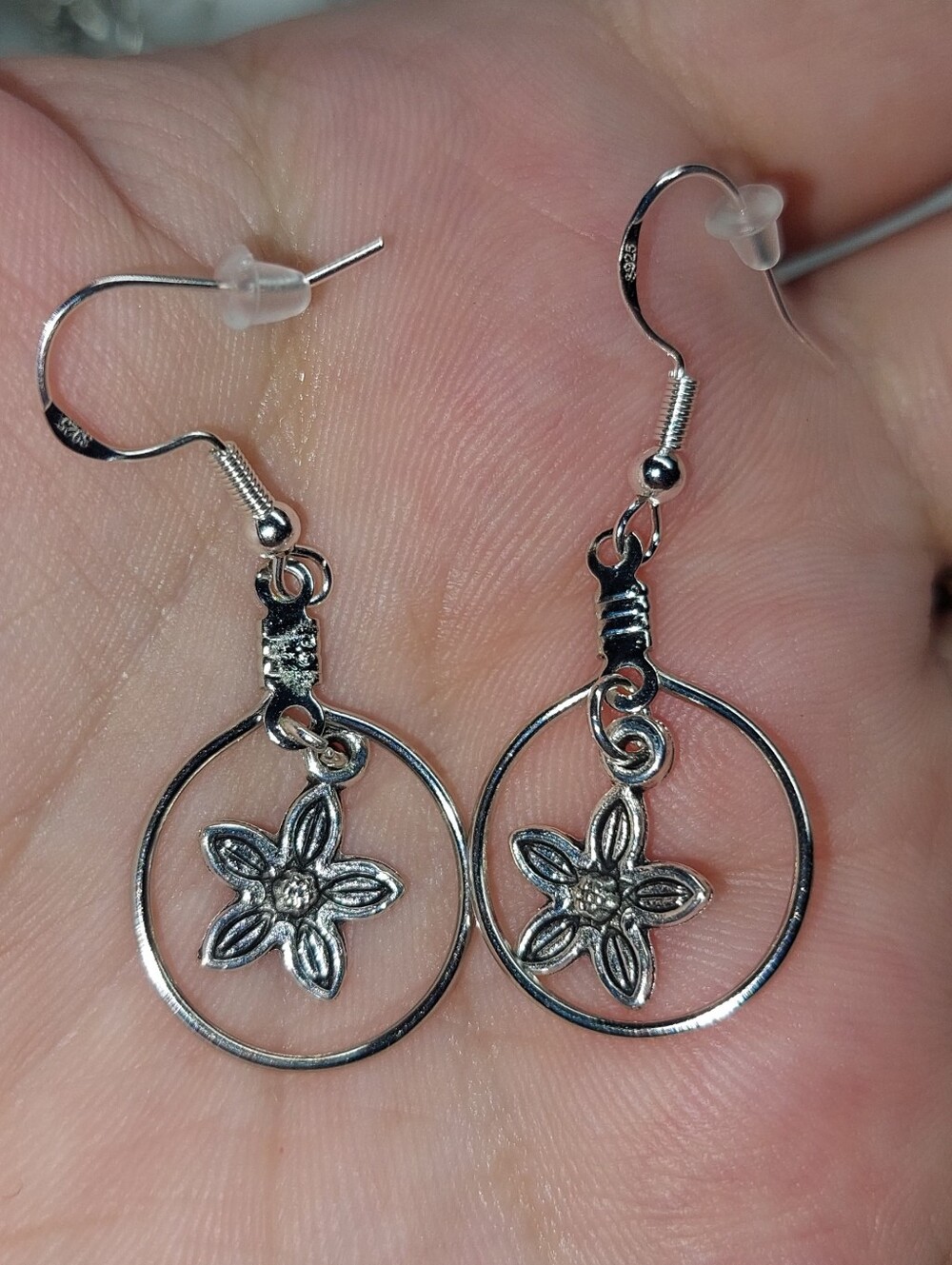 Silver Floral Hoop Dangle Earrings - Women Jewelry